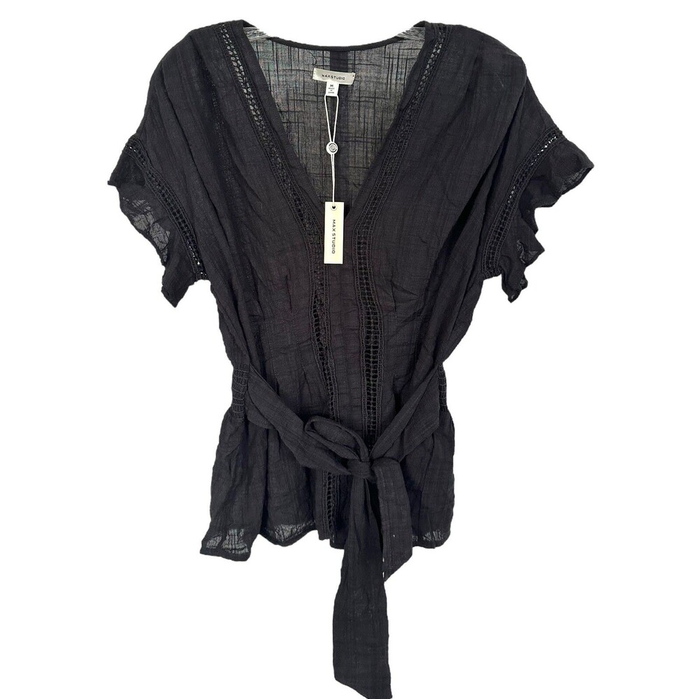 Max Studio Women's Short Sleeve Blouse Top w/ Tie Belt V-Neck Sheer Size M Black - Picture 2 of 9